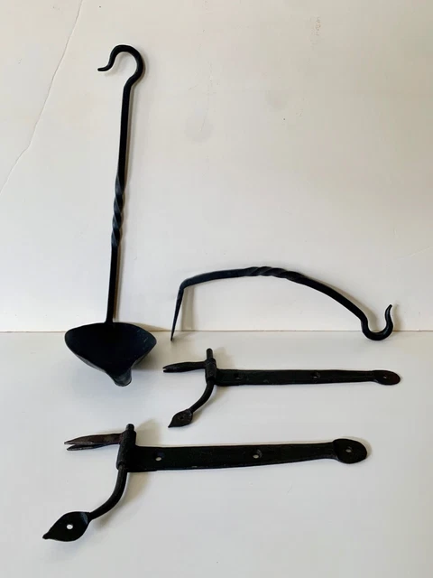 Antique Blacksmith Forged Iron Hook, two Swing Arm Hooks, and Ladle