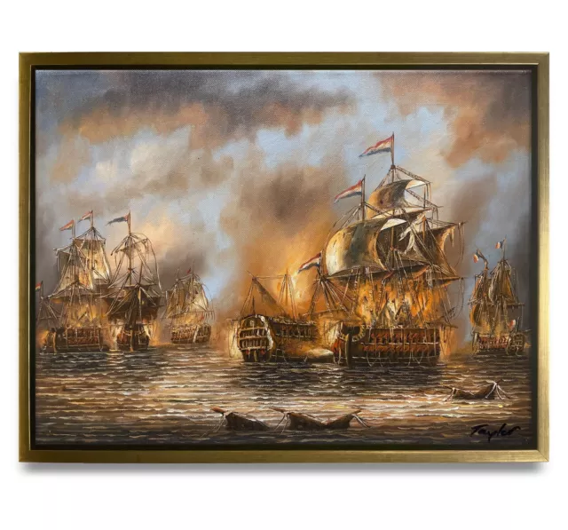 NY Art-Original Oil Painting of Colonial Battleships on Canvas 12x16 Framed