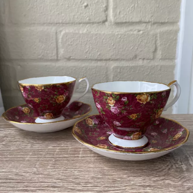 2 Vintage Royal Albert - Old Country Roses - Ruby Lace tea cup & saucer duo
