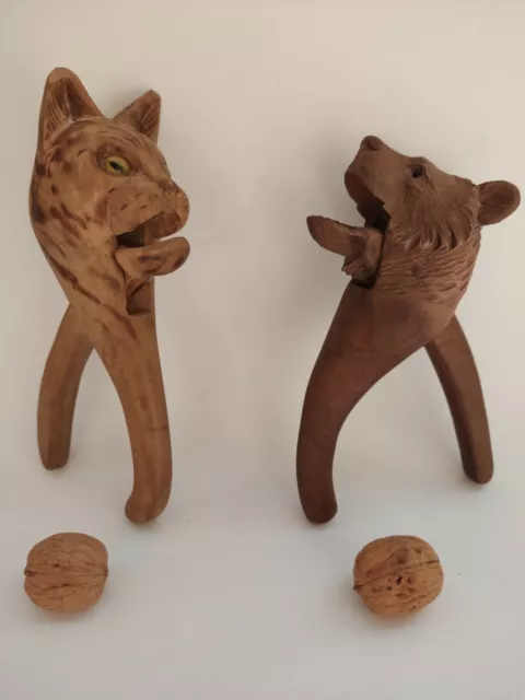 Pair Black Forest Hand Carved Wooden Cat & Bear Nutcracker