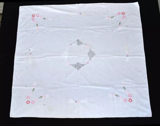 Vintage Hand Embroidered Multicolor Daisies Crochet Edge Cotton Tablecloth 49x54