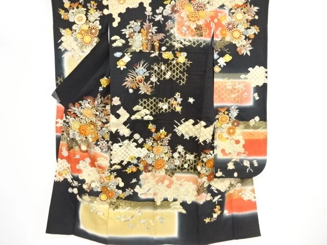 41105# Japanese Kimono / Antique Furisode / Embroidery / Flower Bouquet & Tr