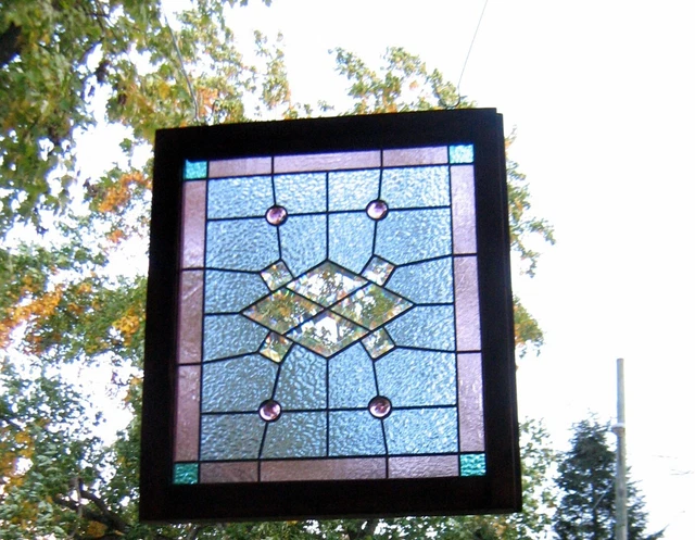 large leaded framed stained glass window panel*queen anne style*old wood frame