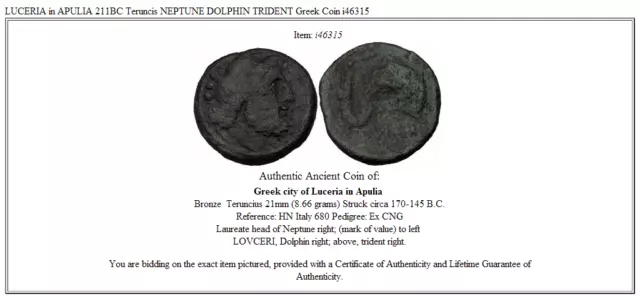 LUCERIA in APULIA 211BC Teruncis NEPTUNE DOLPHIN TRIDENT Greek Coin i46315 3