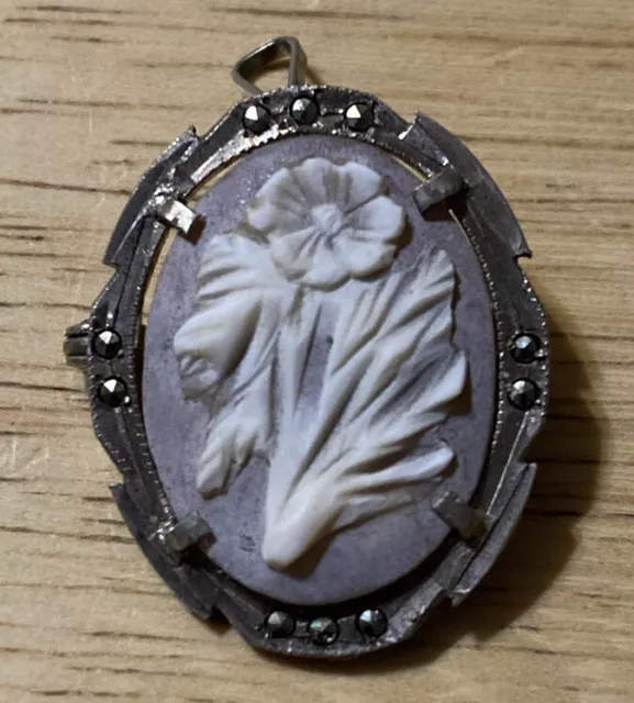 Antique French Victorian CAMEO Sterling Silver frame w.stones Flowers Brooch Pin