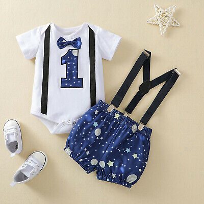 Infant Baby Boy Starrys Sky Bowtie Romper Suspender Shorts First Birthday Outfit