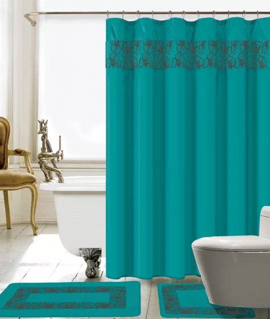 15 Piece Lilian Embroidery Banded Shower Curtain Bath Set (Turquoise )