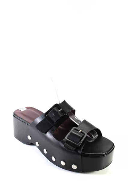Staud Womens Leather Mid Heel Double Buckle Platform Slides Black Size 10US 40EU