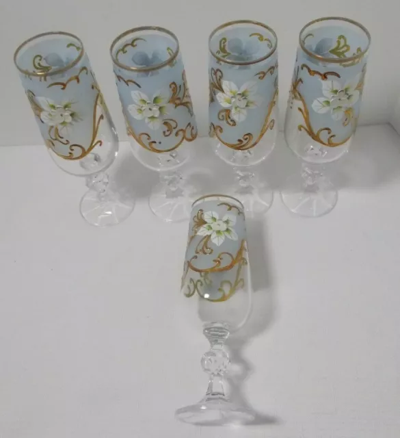 Bohemian Crystal Set of Wine Glasses Frosted and hand painted