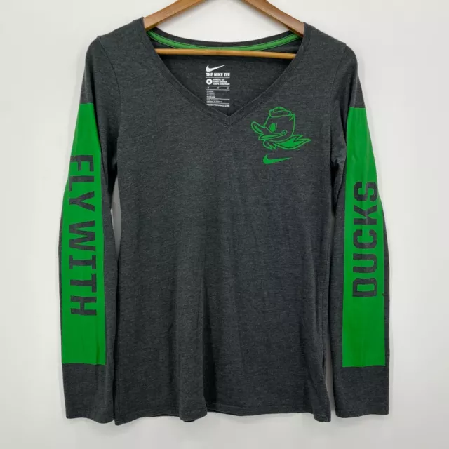 Nike Long Sleeve T-Shirt Women's M Gray Oregon Ducks NCAA Logo V-Neck