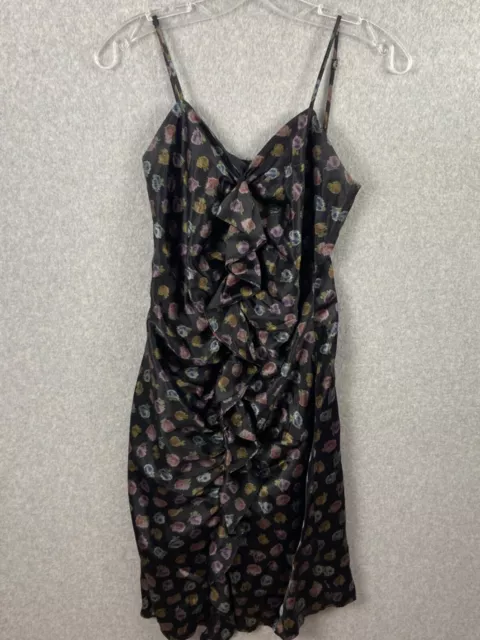 Vintage Betsey Johnson Slip Dress Womens 6 Black Silk Watercolor Floral Ruffled