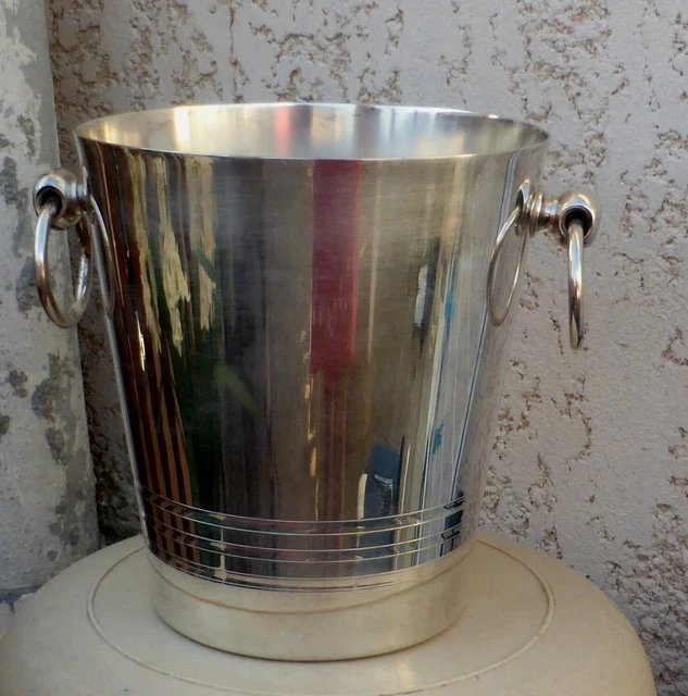 Seau à champagne en céramique émaillée bleu et beige, fait main vintage