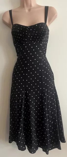 Monsoon Silk Flare Midi Dress Size 10 Black Polkadot Pin Up Rockabilly Holiday