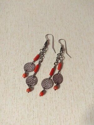 Moroccan Silver Berber Earrings, with Coins and Old Coral