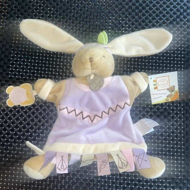 Ca6 Doudou Et Compagnie Marionnette Mario Lapin Étiquette Indien Violet Beige