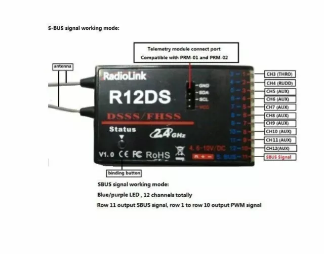 RadioLink R12DS 12CH 12 Channel Receiver 2.4Ghz For AT10 AT10II