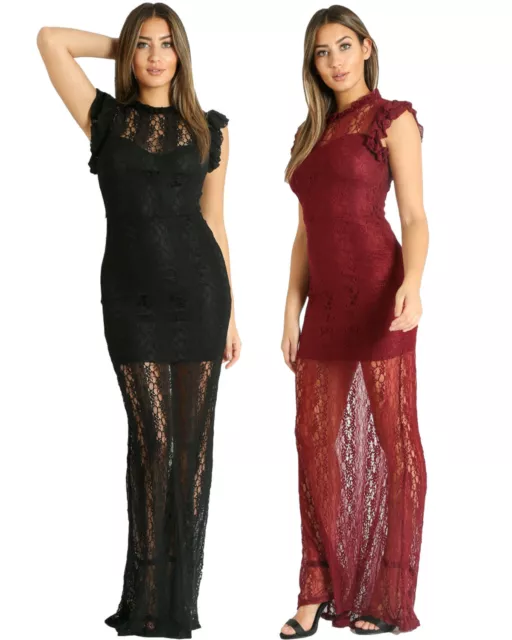 Maxi vestito donna aderente pizzo  lungo sexy gambe vedo non vedo nuovo