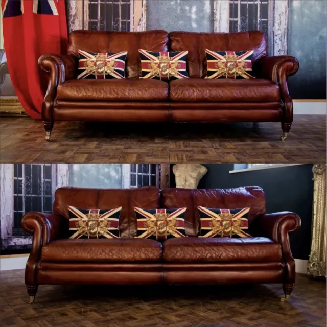 PAIR of VICTORIAN STYLE CHESTNUT TAN ANTIQUE LEATHER CHESTERFIELD 3 SEATER SOFAS