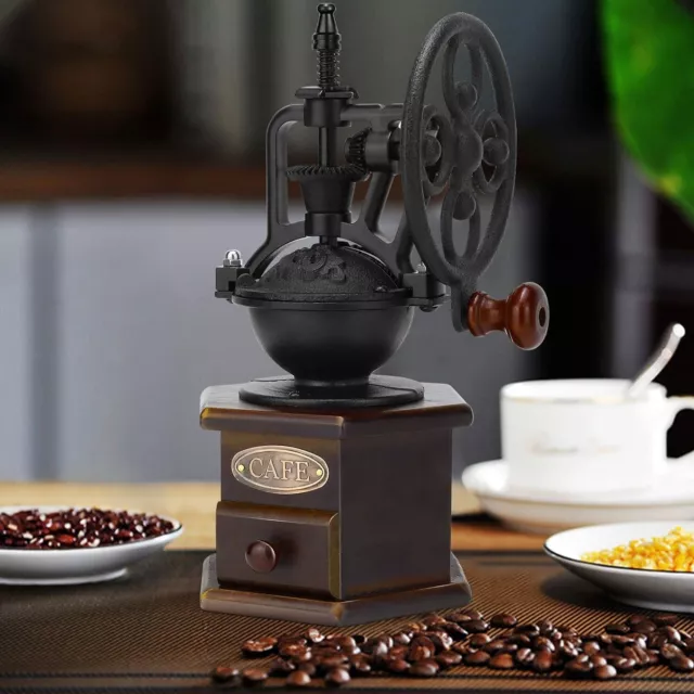 Manuel Wooden Coffee Bean Grinder Antique Coffee Mill with Cast Iron Hand Crank!