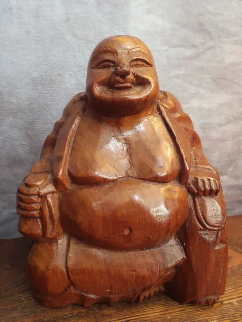 Vtg Hand Carved Teak Wood Happy Buddha Sculpture