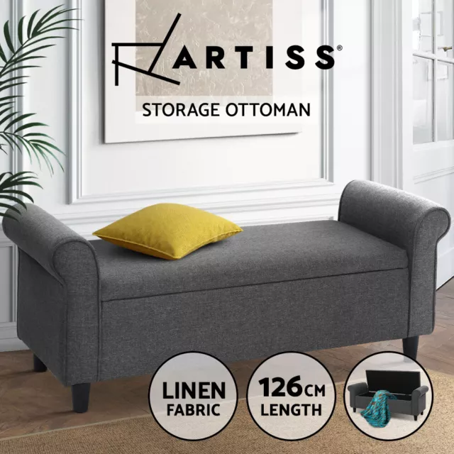 Artiss Storage Ottoman Blanket Box Bench 125cm Linen Arm Chest Foot Stool Gery