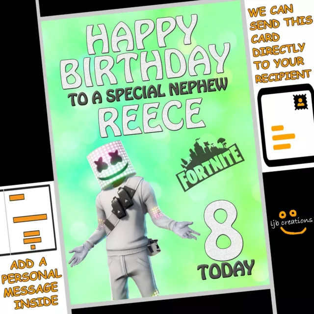 Personalised MARSHMELLO Birthday Card FORTNITE Character Skin NAME AGE RELATION