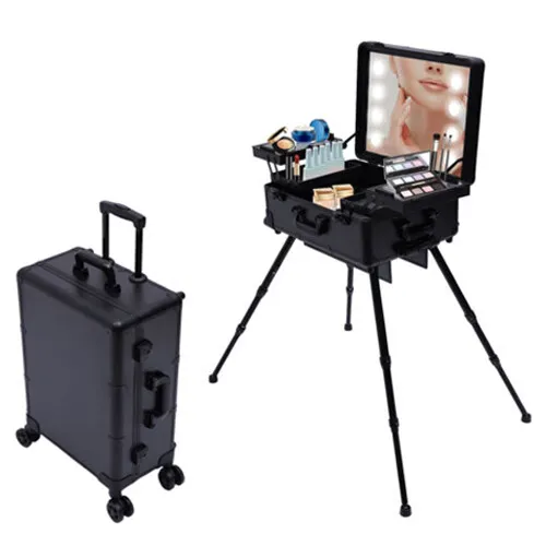 Rolling Makeup Train Case Cosmetic Trolley Organizer Travel w/LED LIght & Mirror