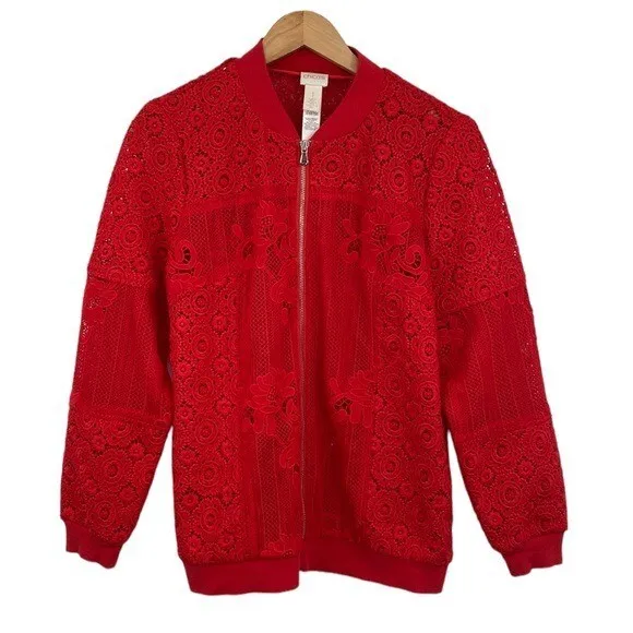 Chico's Bomber Jacket Womens Size 1 Medium Red Full Zip Lace Floral Pattern