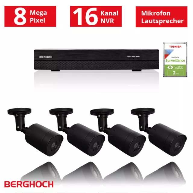 Videoüberwachung Set 8MP IP POE 4x Aussen Überwachungskamera + 2 TB Festplatte