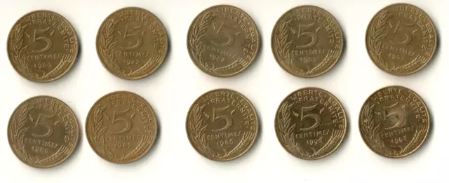 10 x 5 Centimes Münzen Coins Frankreich France Marianne 1980 - 1997