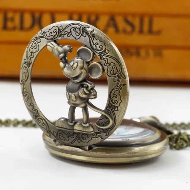 Pocket Watch Mickey Mouse Quartz Necklace Fob with Chain Pendant Gift 3