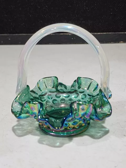 Fenton Glass Spruce Green 4" Miniature Hobnail Basket French Opalescent Handle