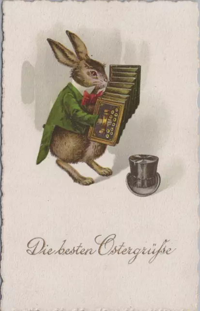 Künstler-AK Die besten Ostergrüße Osterhase Akkordeon Musik vermenschlicht 1921