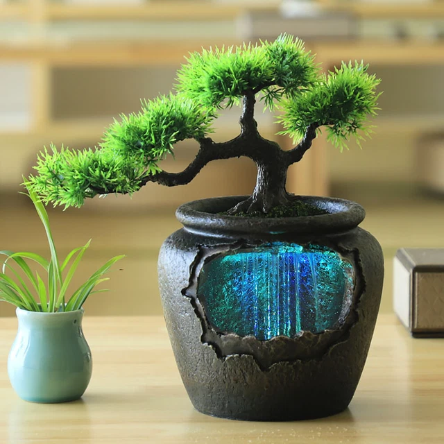 Water Fountain LED Light Tabletop Resin Rockery Fengshui Waterfall Home Decorate