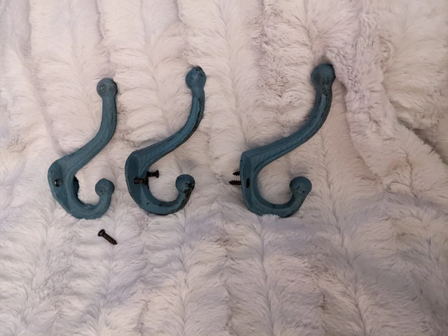 3 Rustic Cast Iron Wall Hooks, Teal, Coat/Hall/Bathroom/Entry, Wall Decor