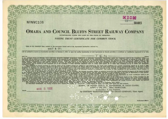 Omaha and Council Bluffs Street Railway Co. Voting Trust Certificate