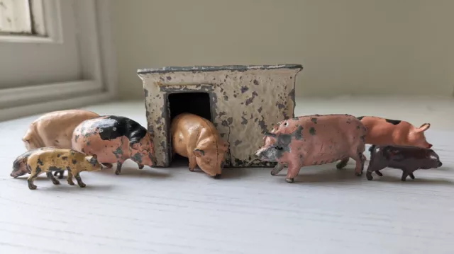 Collection of Britains style lead vintage farm animals - pigs, piglets, pigsty