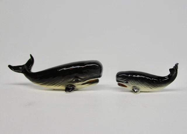 Sperm whale mini porcelain figurine miniature parent mother child pair 3" 2"