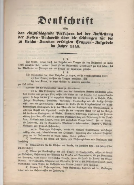 1848 Denkschrift  Kosten der Truppen des Reichs für deutsche Staaten Revolution