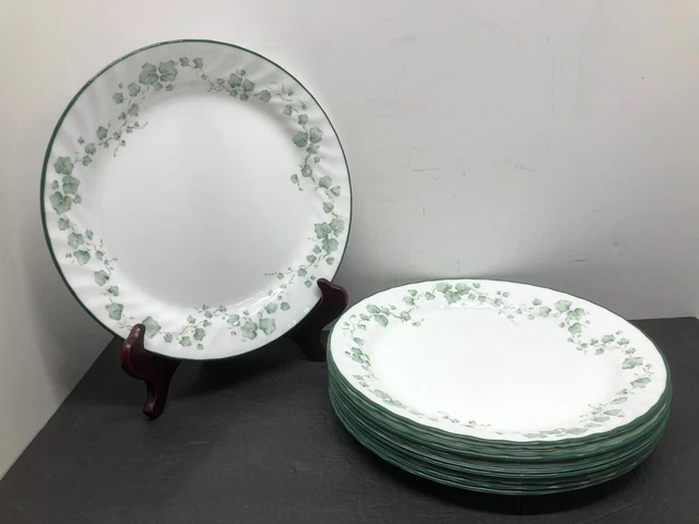 Set of 10 Corning Corelle Calloway Green Vines Swirl 10" White Dinner Plates