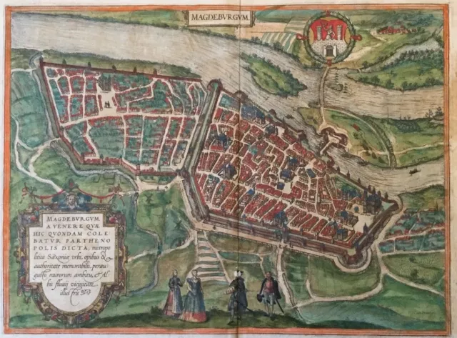 Gesamtansicht Braun & Hogenberg um 1580, Ansicht Magdeburg, koloriert, Wappen