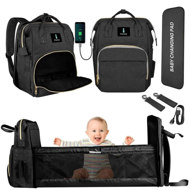 (Black) Baby Bag Changing Station & Pad Diaper Bag Backpack w/USB Charge Port