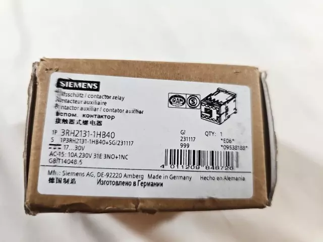 Siemens 3Rh2131-1Hb40 Contactor Relay - 10A