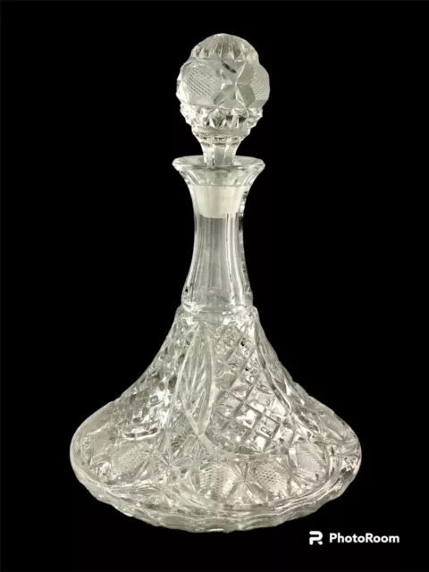 Stunning Vintage Deep Cut Glass Clear Ship's Decanter w/Stopper - Heavy