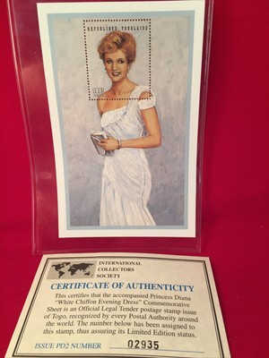 Princess Diana White Chiffon Evening Dress Commemorative Stamp Of Togo COA