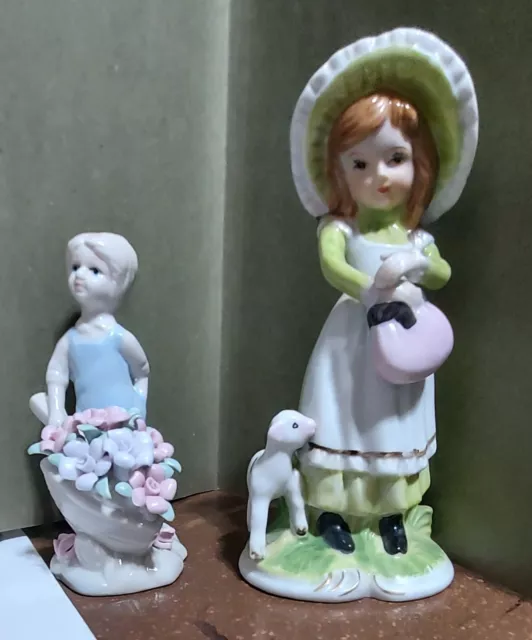 Vintage Little Bo Peep And Ceramic Girl With Wheelbarrow Full Of Flowers