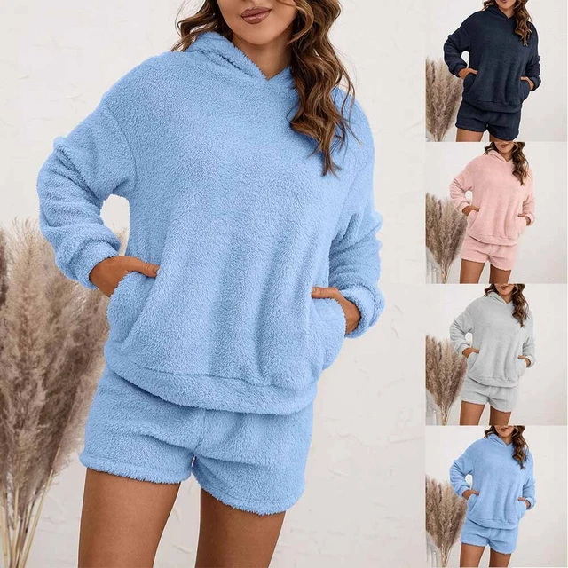 Donna lungo Caldo Pile Pigiama Abito con Cappuccio Set Pantaloncini Migliore