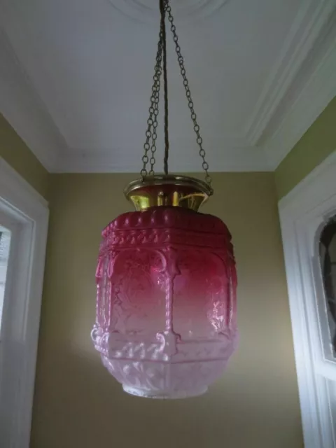 Grand Victorian Cranberry Glass Paraffin Hall Oil Lamp Hanging Light Shade 2