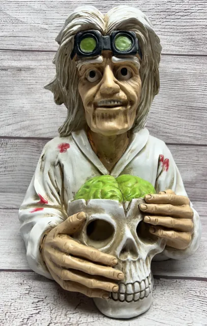 Creepy Scary Mad Scientist Skull Head Halloween Tabletop Light Up Statue 13 Inch