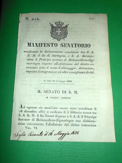 Regno Sardegna Dichiarazione tra Re di Sardegna e Hohenzollern Sigmaringen 1838